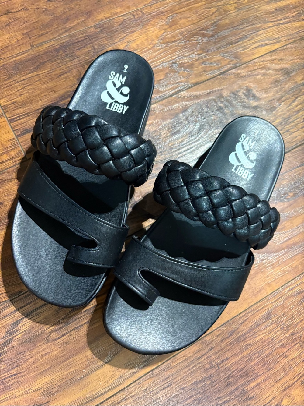 Sam & Libby women’s size 9 black braided double-strap slide sandals